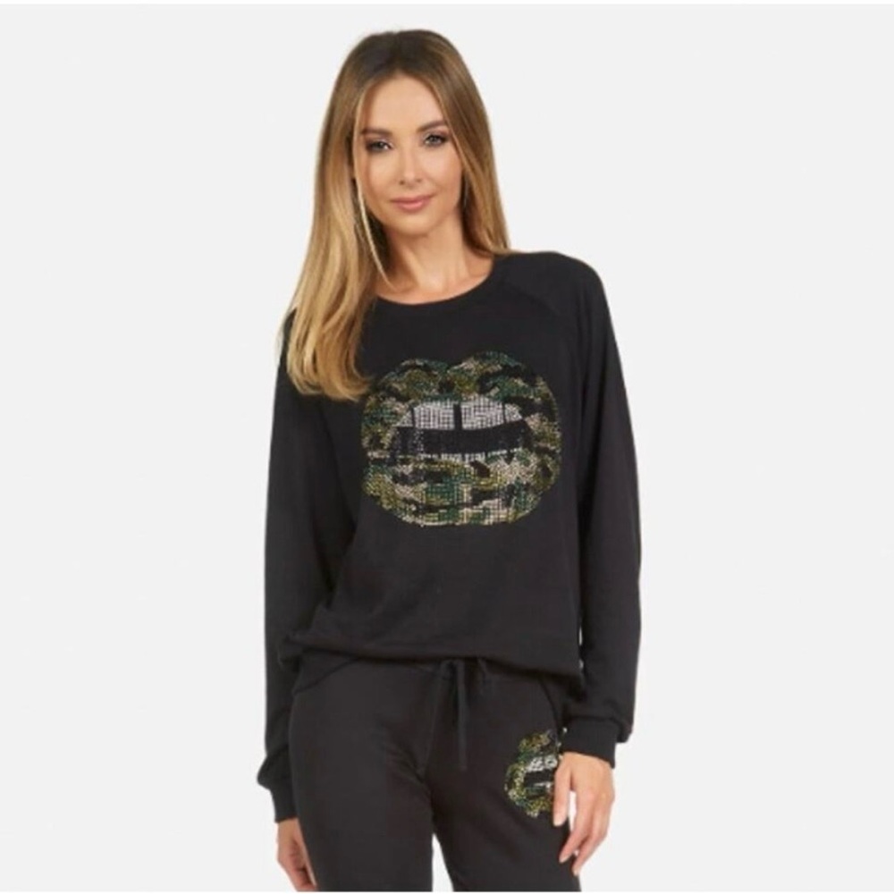 Lauren Moshi Black Camo Lips Crystal Studs Sweatshirt Top Size Medium